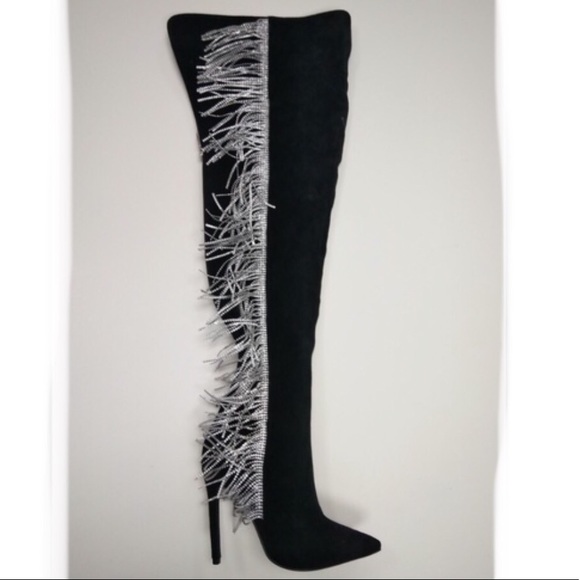 Pointy Toe OTK Boots w/ Rhinestone Fringe in Black - Picture 5 of 10